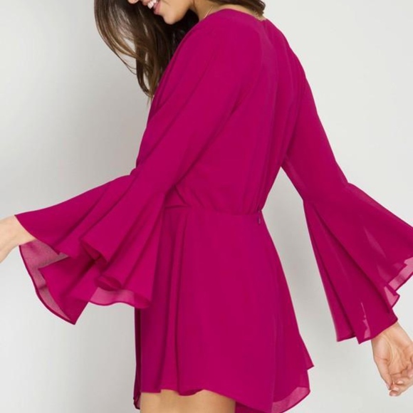 Hot Pink Flare Sleeve Deep V Romper - Picture 4 of 5